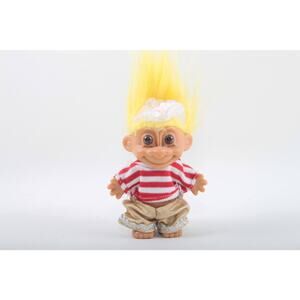 Troll Doll Russ Vintage Toy Yellow Hair Brown Eyes Dressed Red Striped Shirt